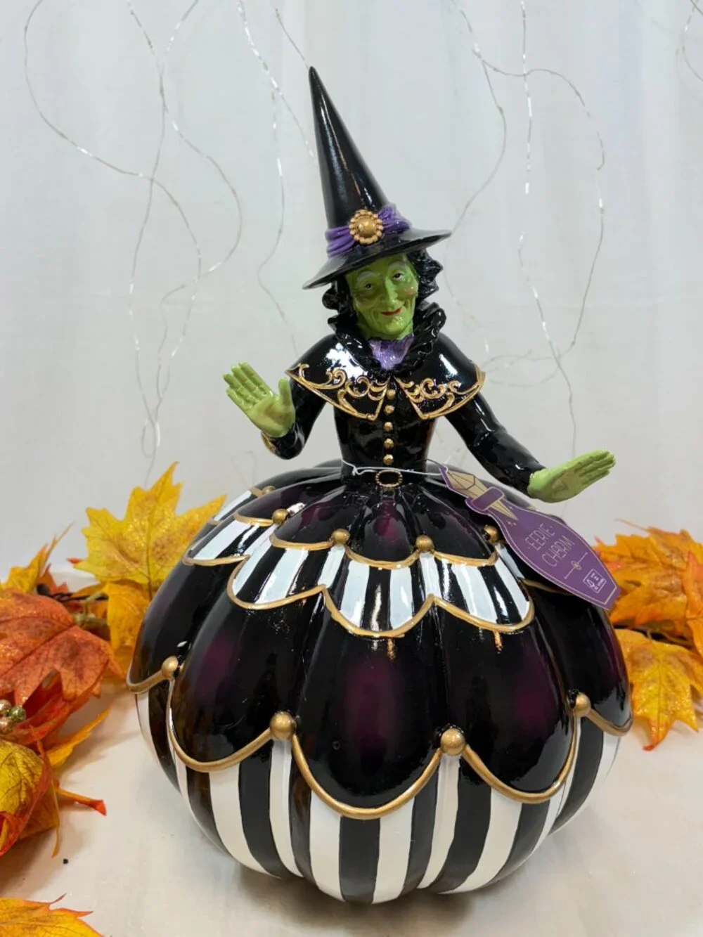Eerie Charm Halloween Green Wicked Witch In Black & White Pumpkin Figurine 15